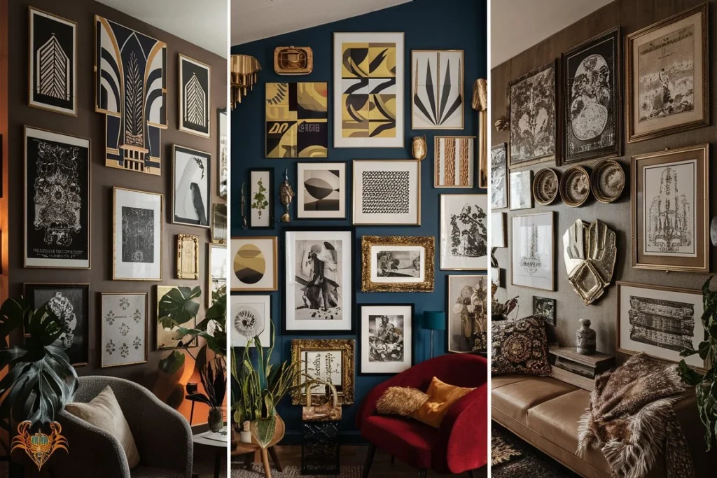 Gallery wall displaying Art Deco, Mid-Century, and Victorian wall art in a stylish, modern home interior