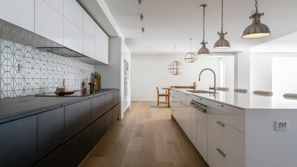 Minimalist black and white kitchen with geometric backsplash, pendant lights, and sleek cabinetry