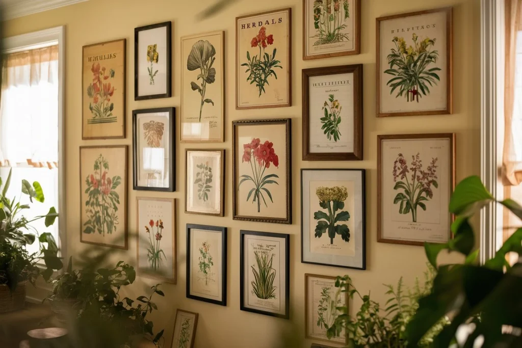 Gallery wall of vintage botanical prints in a cozy, nature-inspired home interior with plants and natural décor.