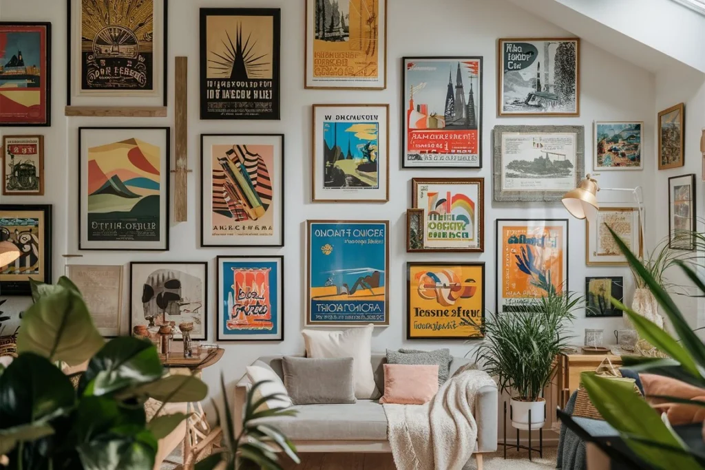 Gallery wall displaying vintage travel posters in a stylish, modern home interior with plants and travel-inspired décor.