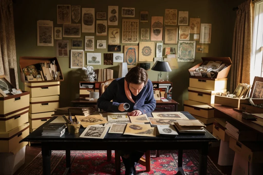 Person inspecting vintage prints in a cozy home office with archival tools and wall display.